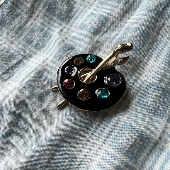 Artistic Palette Brooch Black Gold with Colorful Gems Artist Jewelry Gift - Picture 3 of 5
